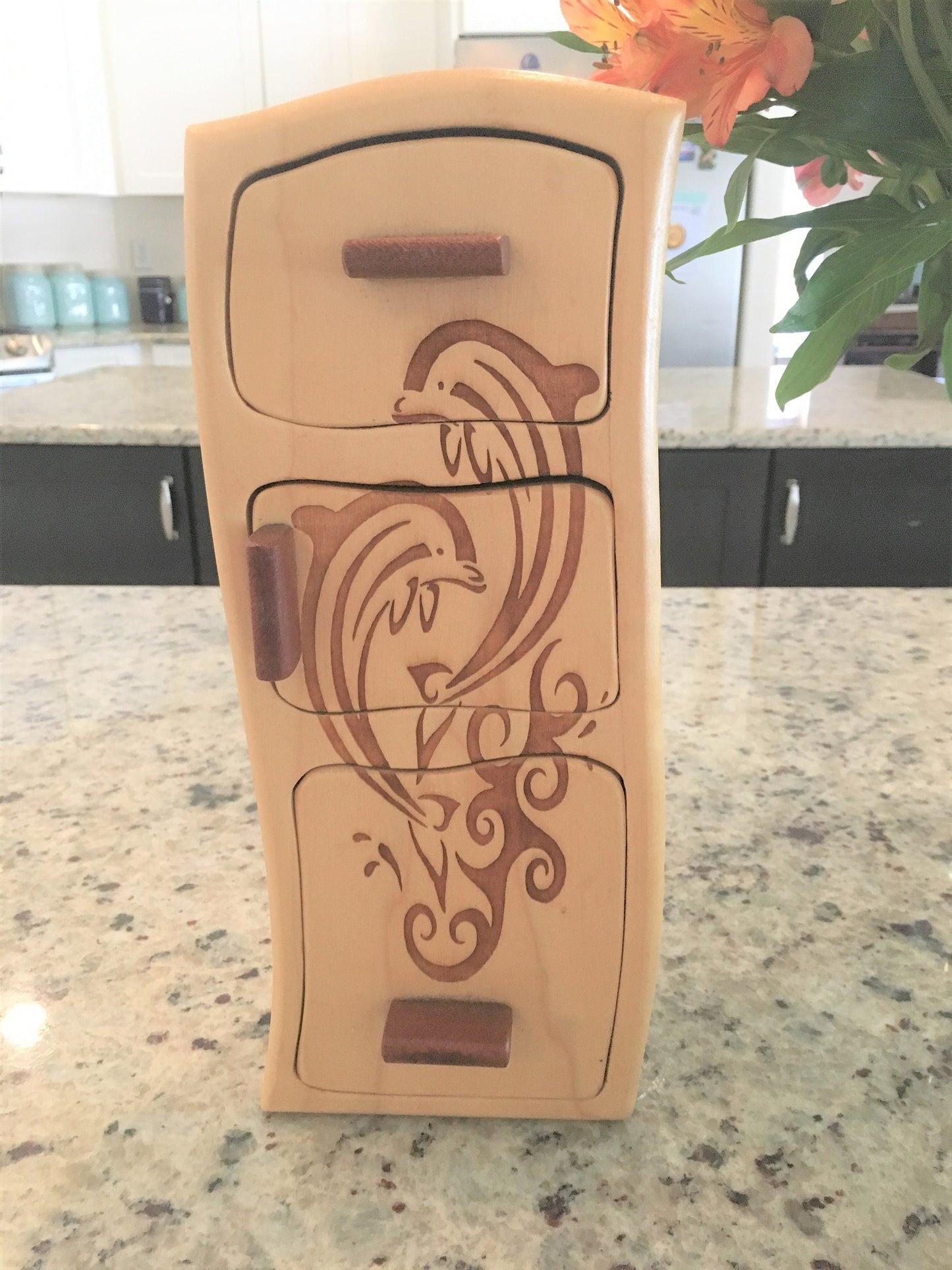 Solid Wood Box W/Drawers - Playful Dolphins, Jewelry Box, Handcrafted, Custom Box, Personalized Box, Handmade, Engraved, Stash Box