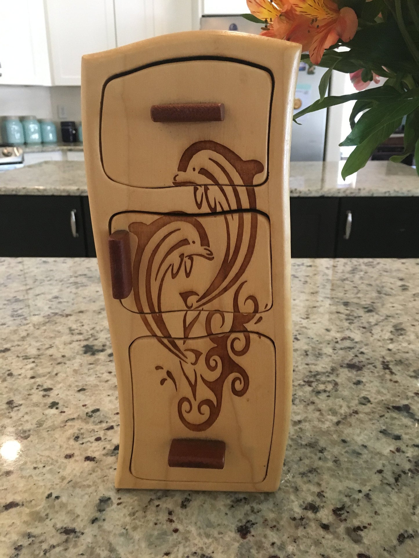 Solid Wood Box W/Drawers - Playful Dolphins, Jewelry Box, Handcrafted, Custom Box, Personalized Box, Handmade, Engraved, Stash Box