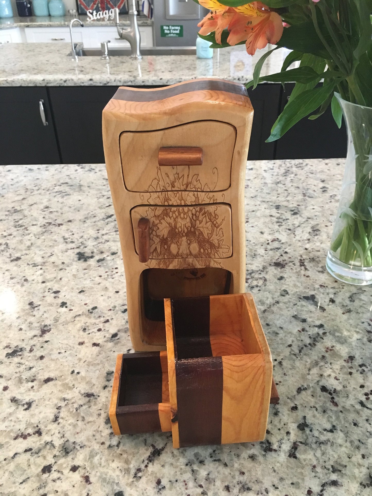 Solid Wood Box W/Drawers - Green Man, Jewelry Box, Handcrafted, Custom Box, Personalized Box, Handmade, Home Decor, Engraved, Stash Box