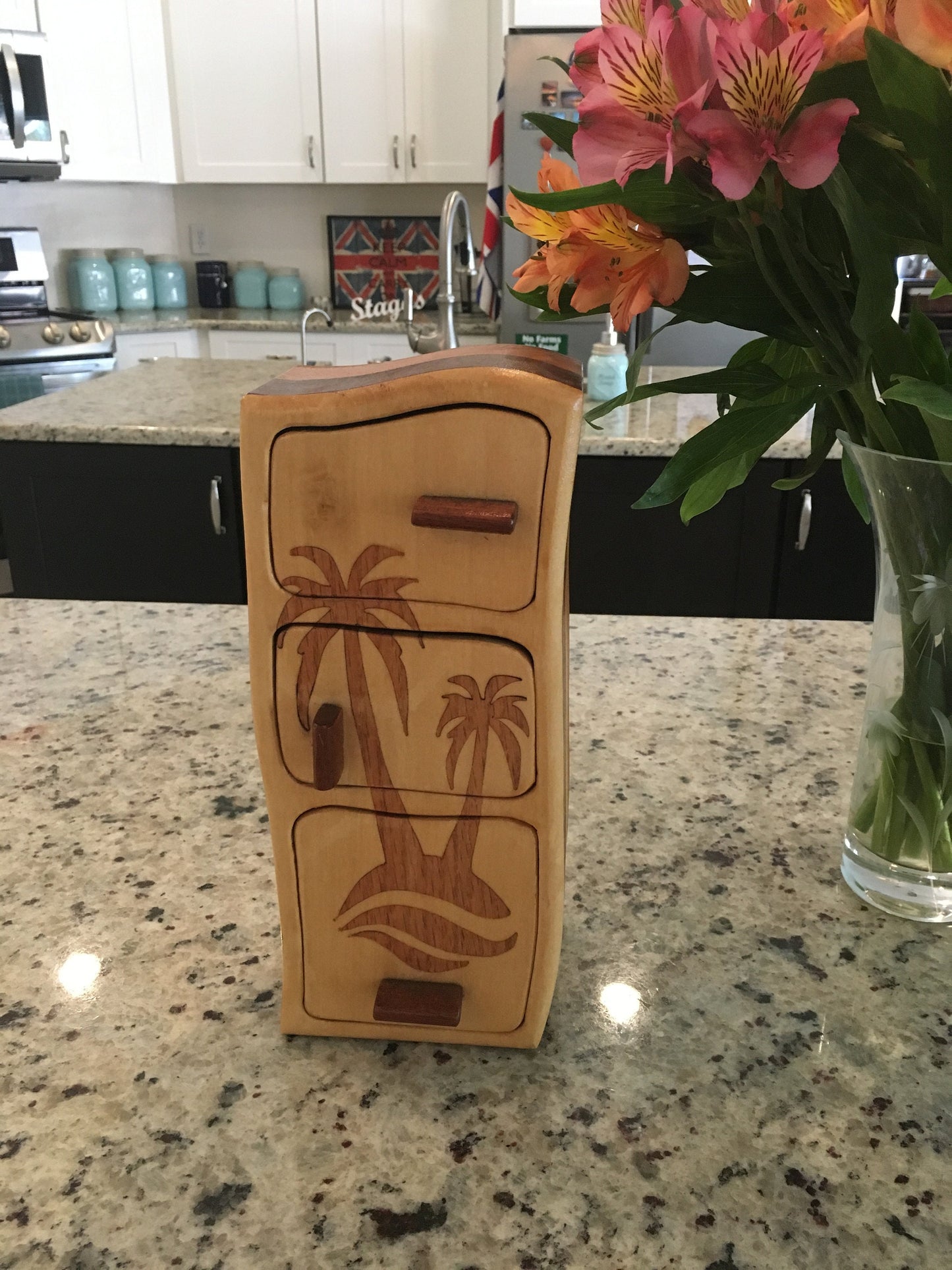 Solid Wood Box W/Drawers - Palm Trees, Jewelry Box, Handcrafted, Custom Box, Personalized Box, Handmade, Home Decor, Engraved, Stash Box