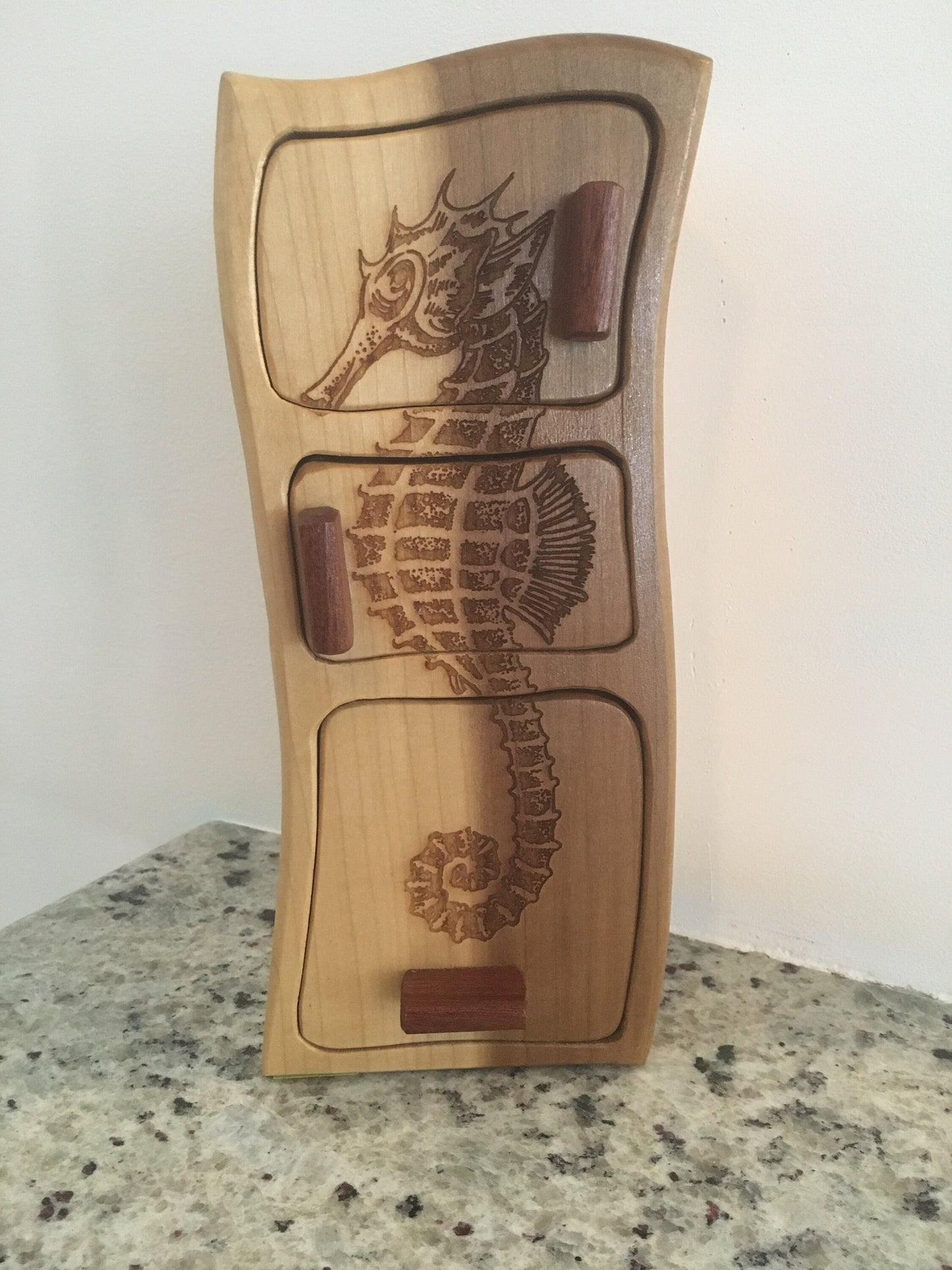 Solid Wood Box W/Drawers - Seahorse, Jewelry Box, Handcrafted, Custom Box, Personalized Box, Handmade, Home Decor, Engraved, Stash Box