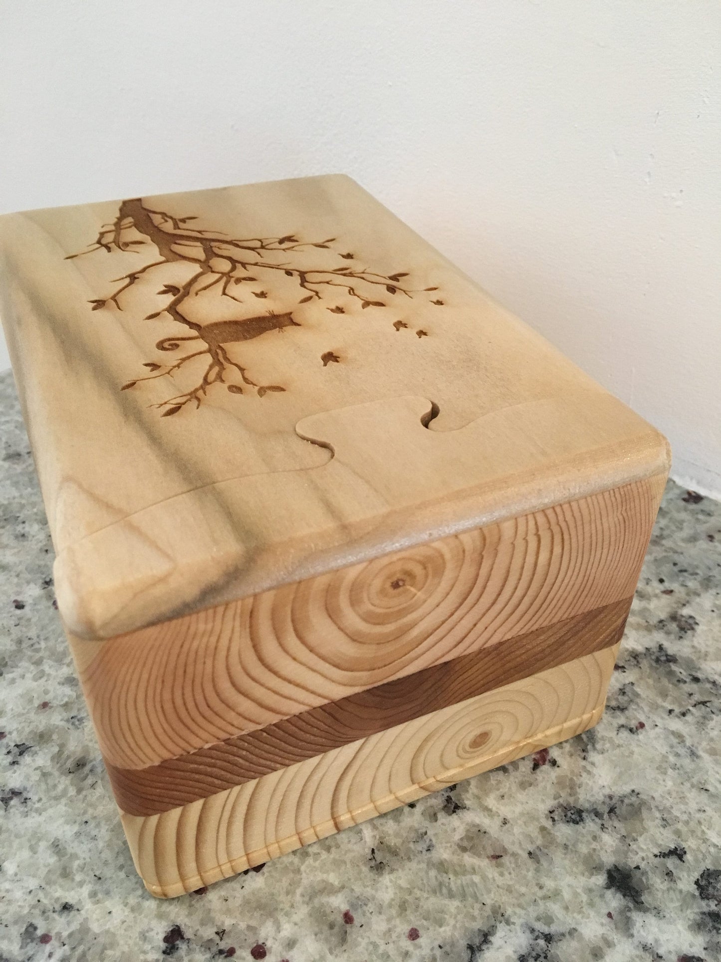 Solid Wood Puzzle Box - Cat in Tree, Wooden Box, Jewelry Box, Handcrafted, Custom Box, Personalized Box, Handmade, Box, Engraved, Stash Box