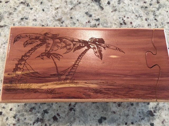 Solid Wood Puzzle Box - Palm Tree Hammock, Wooden Box, Jewelry Box, Handcrafted, Custom Box, Personalized Box, Handmade, Engraved, Stash Box