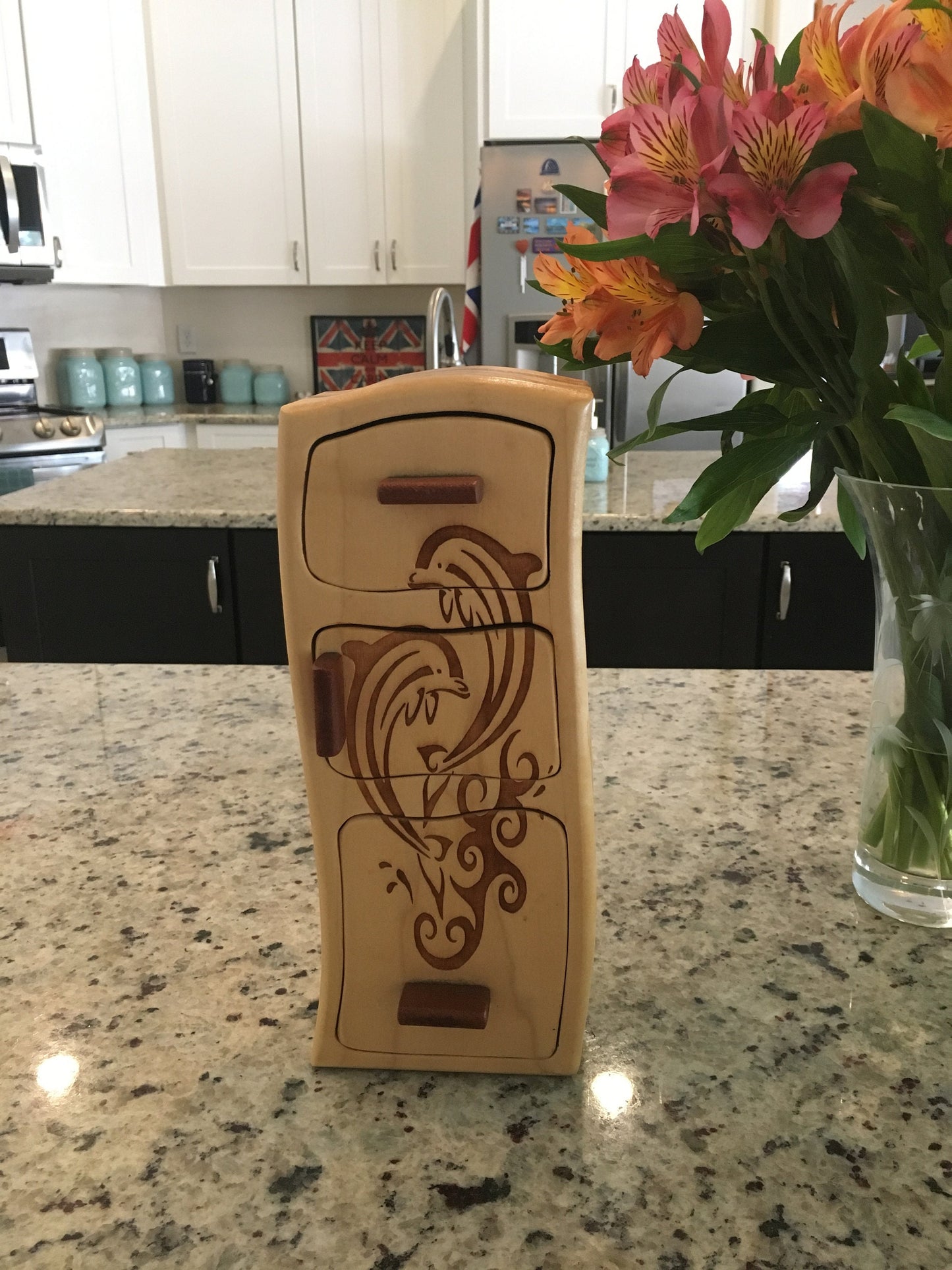 Solid Wood Box W/Drawers - Playful Dolphins, Jewelry Box, Handcrafted, Custom Box, Personalized Box, Handmade, Engraved, Stash Box