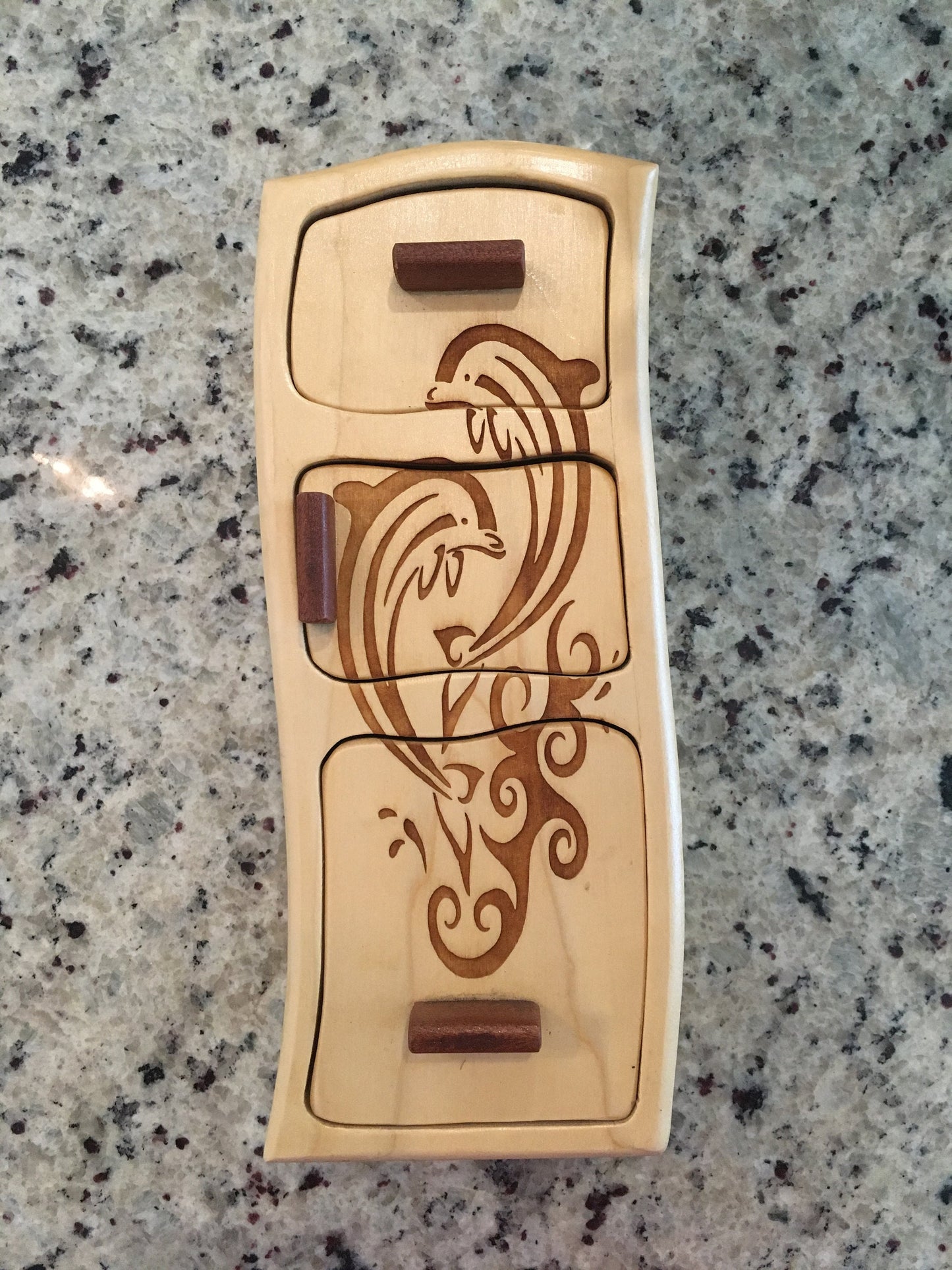 Solid Wood Box W/Drawers - Playful Dolphins, Jewelry Box, Handcrafted, Custom Box, Personalized Box, Handmade, Engraved, Stash Box