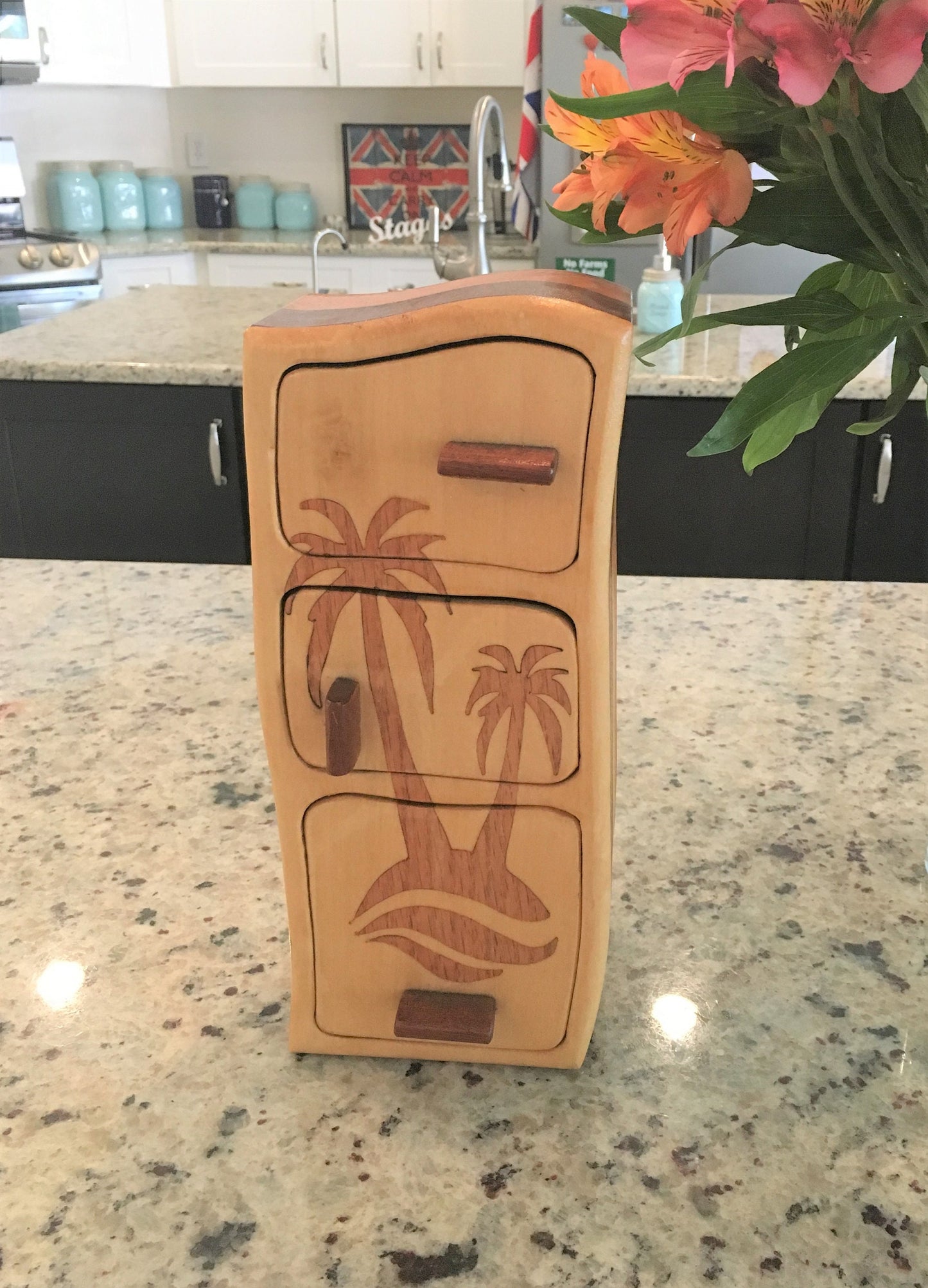 Solid Wood Box W/Drawers - Palm Trees, Jewelry Box, Handcrafted, Custom Box, Personalized Box, Handmade, Home Decor, Engraved, Stash Box