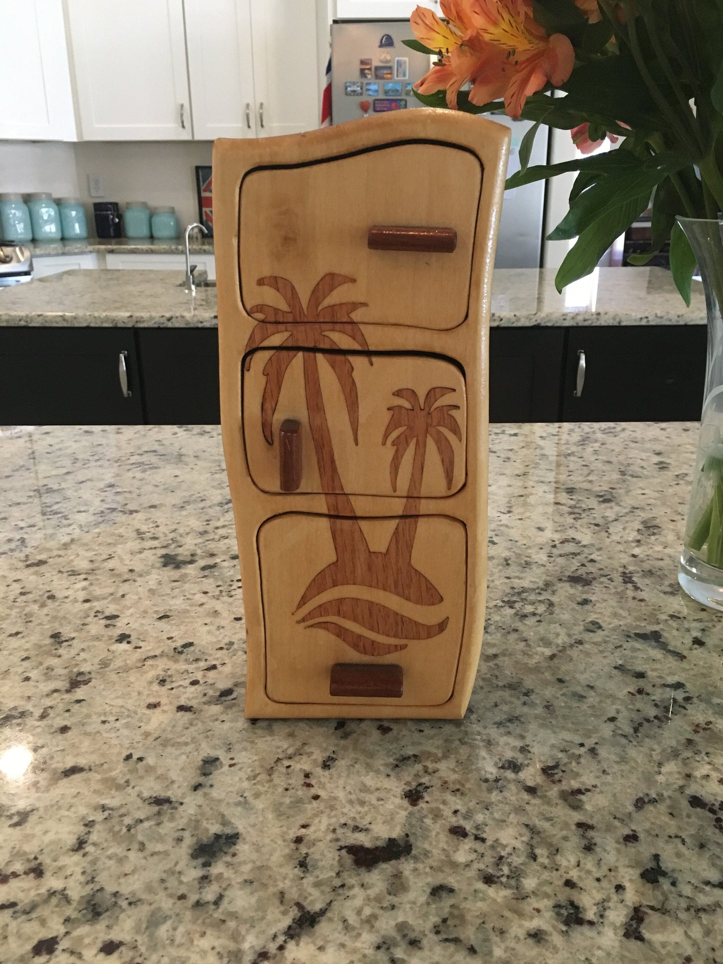 Solid Wood Box W/Drawers - Palm Trees, Jewelry Box, Handcrafted, Custom Box, Personalized Box, Handmade, Home Decor, Engraved, Stash Box