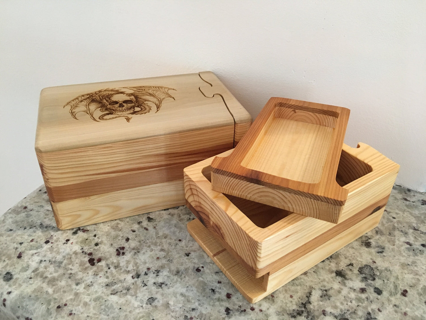 Solid Wood Puzzle Box - Dragon Skull, Wooden Box, Jewelry Box, Handcrafted, Custom Box, Personalized Box, Handmade, Box, Engraved, Stash Box
