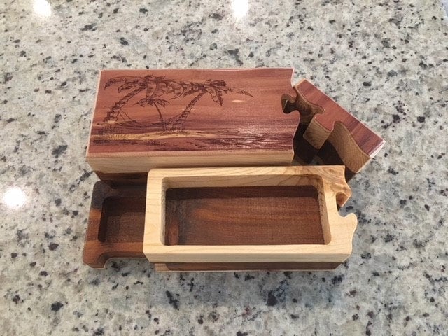 Solid Wood Puzzle Box - Palm Tree Hammock, Wooden Box, Jewelry Box, Handcrafted, Custom Box, Personalized Box, Handmade, Engraved, Stash Box