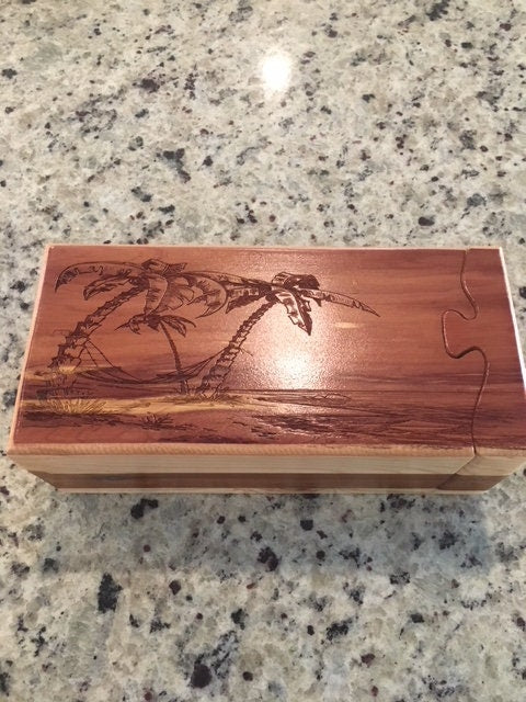 Solid Wood Puzzle Box - Palm Tree Hammock, Wooden Box, Jewelry Box, Handcrafted, Custom Box, Personalized Box, Handmade, Engraved, Stash Box