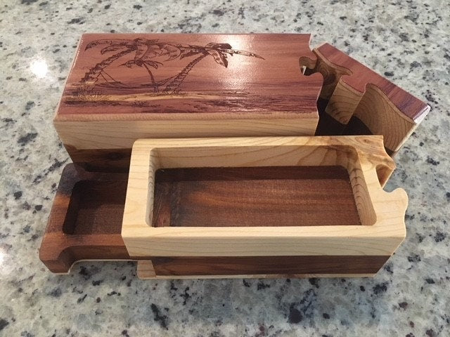 Solid Wood Puzzle Box - Palm Tree Hammock, Wooden Box, Jewelry Box, Handcrafted, Custom Box, Personalized Box, Handmade, Engraved, Stash Box