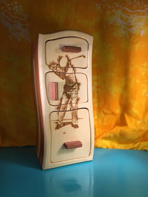 Solid Wood Box W/Drawers - Golfer, Jewelry Box, Handcrafted, Custom Box, Personalized Box, Handmade, Box, Home Decor, Engraved, Stash Box