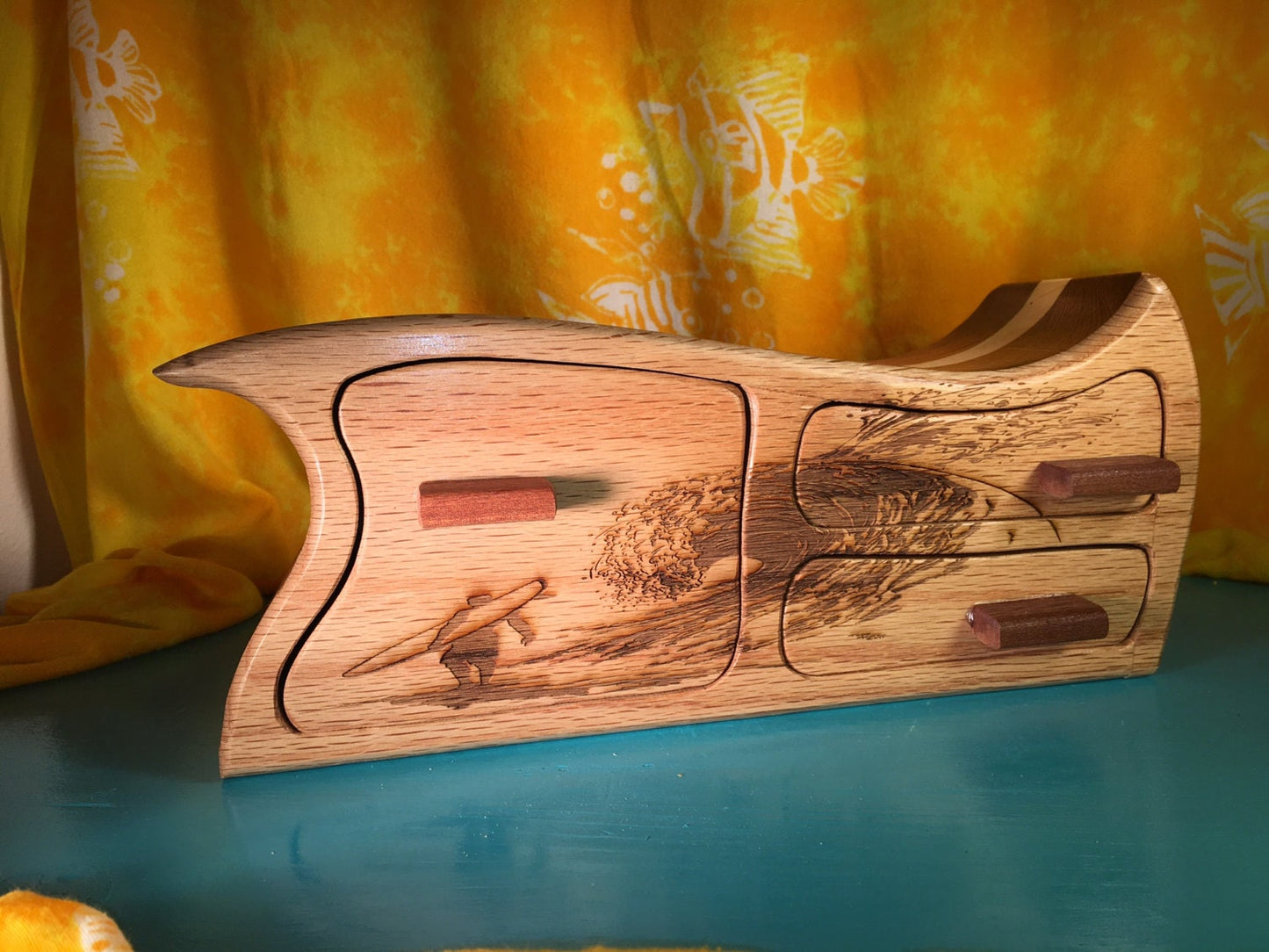 Solid Wood Box W/Drawers - Surfer, Jewelry Box, Handcrafted, Custom Box, Personalized Box, Handmade, Box, Home Decor, Engraved, Stash Box