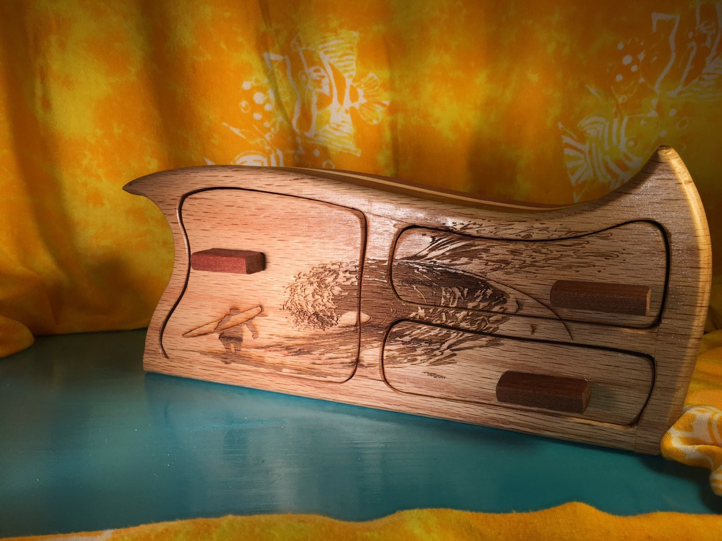 Solid Wood Box W/Drawers - Surfer, Jewelry Box, Handcrafted, Custom Box, Personalized Box, Handmade, Box, Home Decor, Engraved, Stash Box