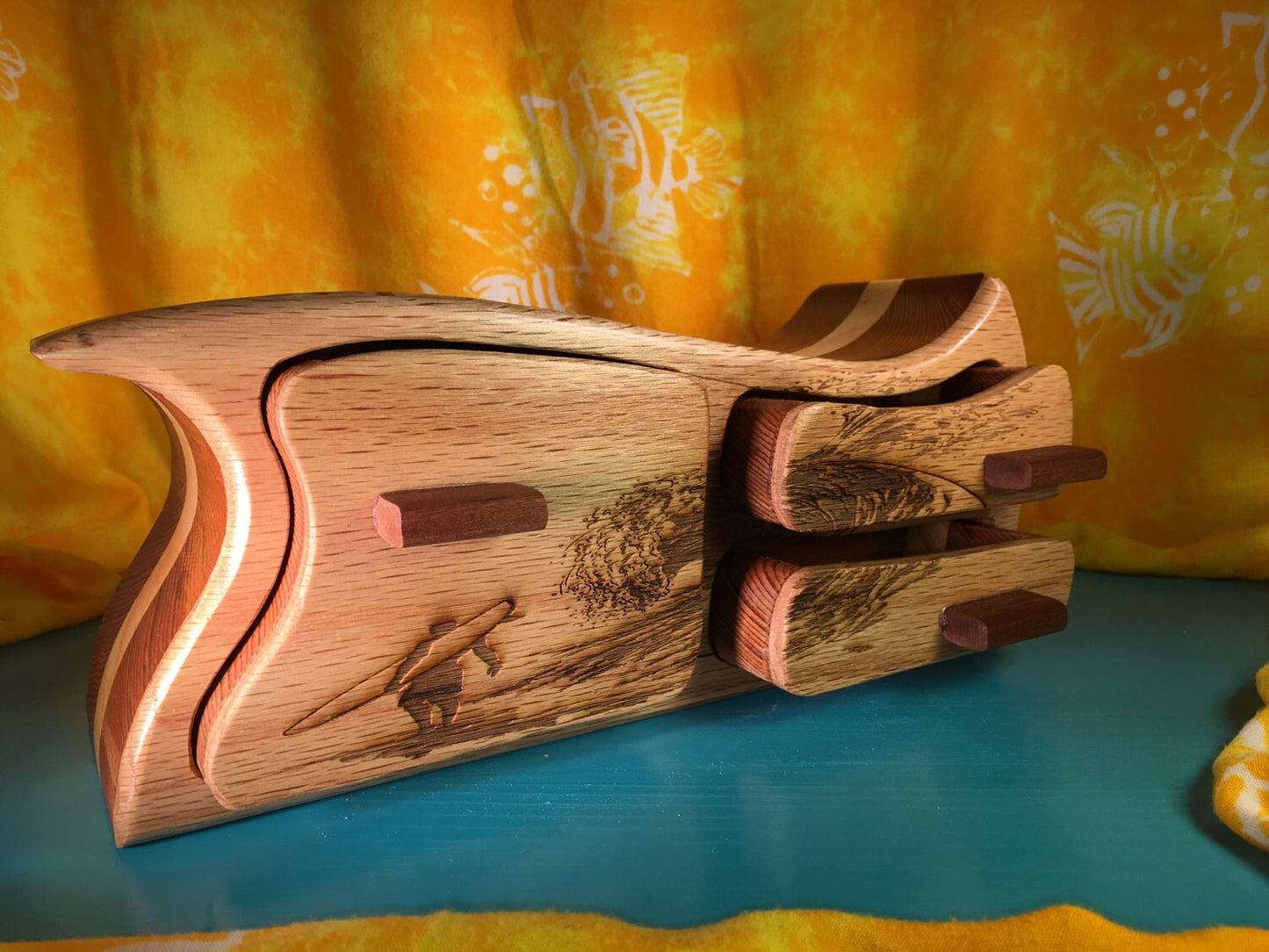 Solid Wood Box W/Drawers - Surfer, Jewelry Box, Handcrafted, Custom Box, Personalized Box, Handmade, Box, Home Decor, Engraved, Stash Box