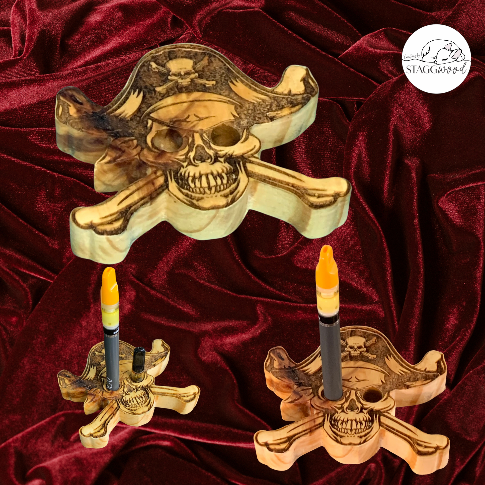 Vape Pen Holder - Pirate Skull & Bones - Solid Wood, Holds 510 Thread Staggwood Vape Pen Holder - Pirate Skull & Bones - Solid Wood, Holds 510 Thread Staggwood