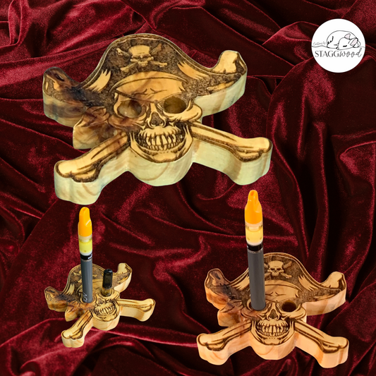 Vape Pen Holder - Pirate Skull & Bones - Solid Wood, Holds 510 Thread Vape Pens &/or Cartridge