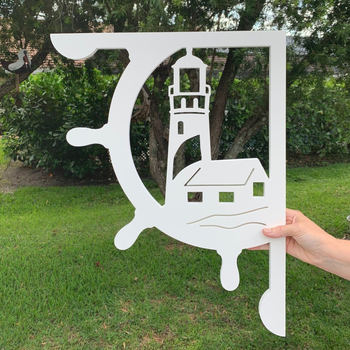 Mailbox Bracket - Ships Wheel with Lighthouse - Large 16" x21"