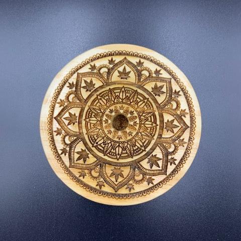 Vape Pen Holder - 4" Round Mandala Engraved - Solid Wood, Holds 510 Thread Vape Pens &/or Cartridge