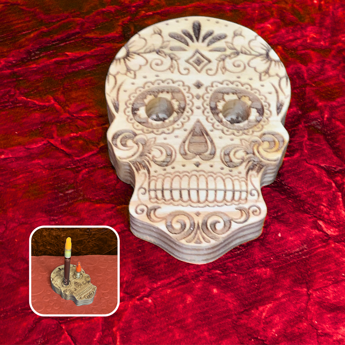 Vape Pen Holder - Candy Skull - Solid Wood, Holds 510 Thread Vape Pens &/or Cartridge