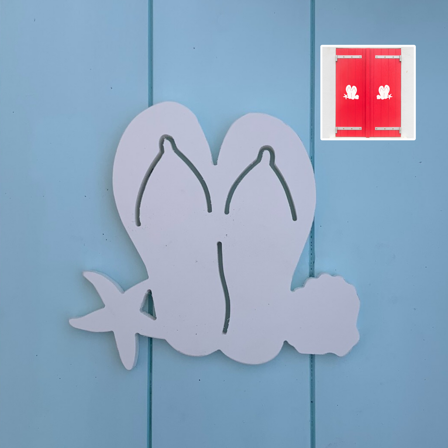 Shutter Embellishments - Flip Flops with Shells Wall Art Small approx 7" x 6.5", Custom, Outdoor Decor, Coastal, Tropical, Ships Free to Mainland USA