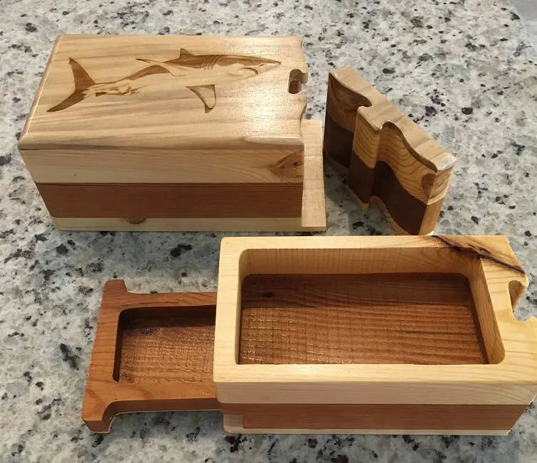 Solid Wood Puzzle Box - Shark, Wooden Box, Jewelry Box, Handcrafted, Custom Box, Personalized Box, Handmade, Box, Engraved, Stash Box (Copy)