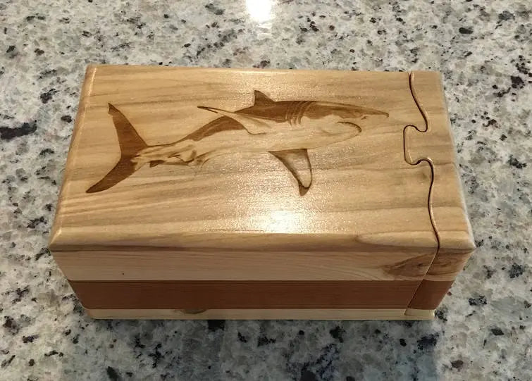 Solid Wood Puzzle Box - Shark, Wooden Box, Jewelry Box, Handcrafted, Custom Box, Personalized Box, Handmade, Box, Engraved, Stash Box (Copy)