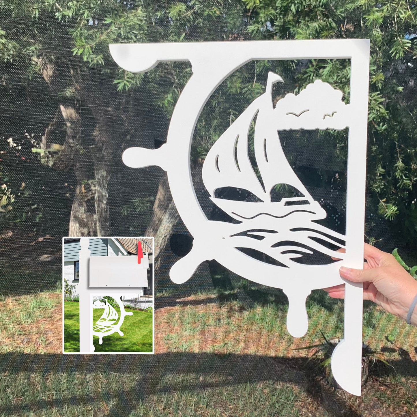 Mailbox Bracket - Ship's Wheel with Sailboat Large 16x21 inch, Custom Mailbox, Coastal, Tropical, Bracket, Outdoor Decor, Mailbox & Post Not Included (Copy)