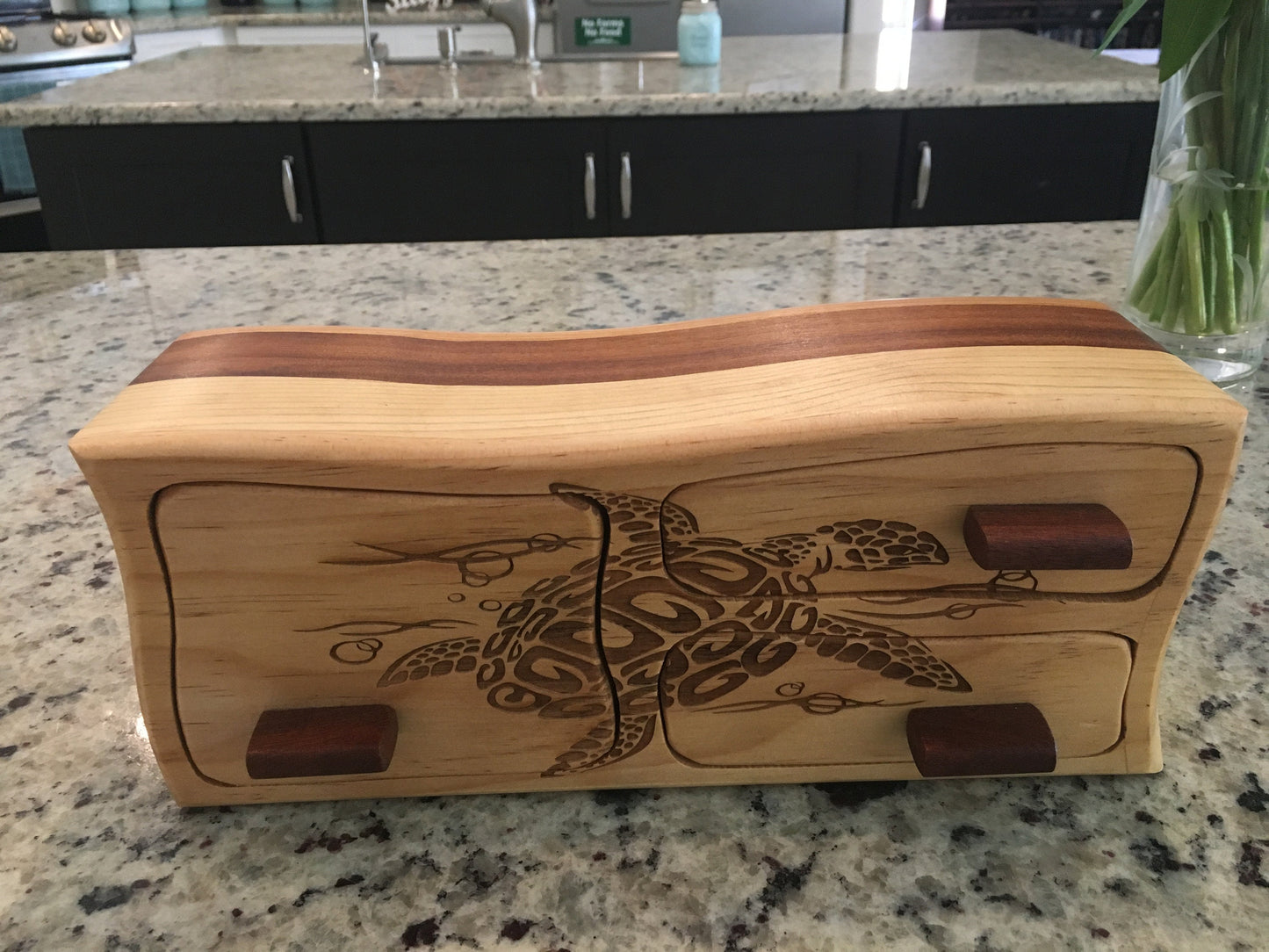 Solid Wood Box W/Drawers - Tribal Turtle, Jewelry Box, Handcrafted, Custom Box, Personalized Box, Handmade, Box, Engraved, Stash Box