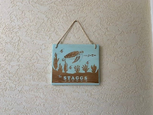 Wall Plaque, Turtle Ocean Scene Name Sign. Laser engraved on recycled pallet wood, personalized for you.