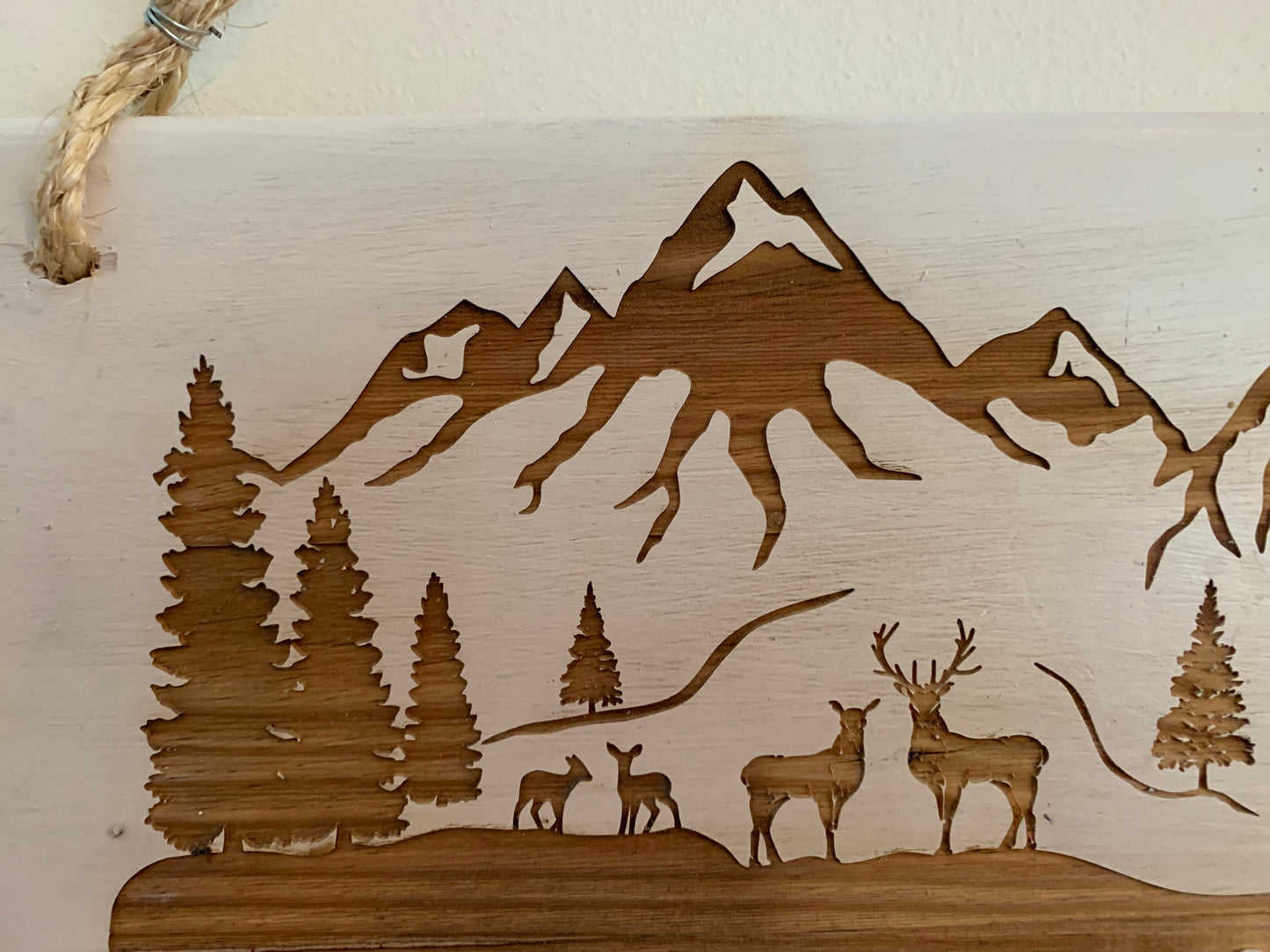 Wall Plaque, Deer Mountain Scene Name or Message Sign, Painted Background, Laser engraved on recycled pallet wood