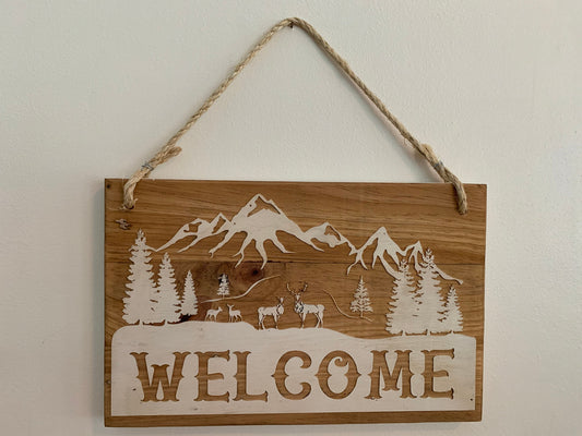 Wall Plaque, Deer Mountain Scene Name or Message Sign, Wood Grain Background, Laser engraved on recycled pallet wood, personalized for you.