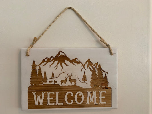 Wall Plaque, Deer Mountain Scene Name or Message Sign, Painted Background, Laser engraved on recycled pallet wood