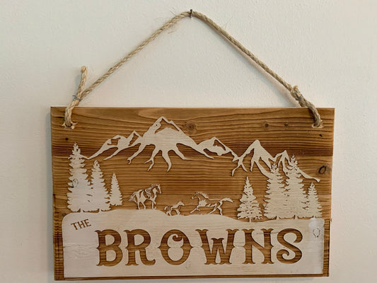 Wall Plaque, Mountain Scene, Horses, Painted Background,  Laser engraved on recycled pallet wood, personalized for you.