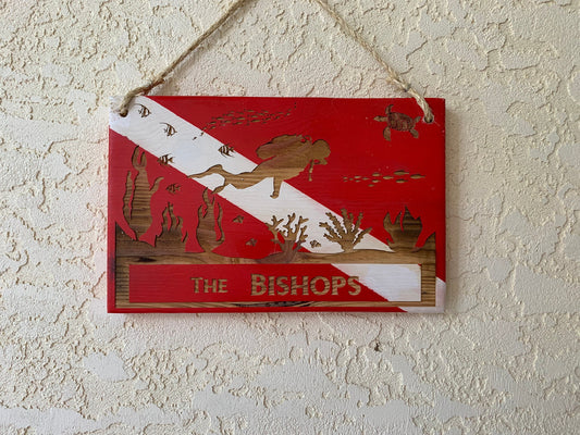 Wall Plaque, Dive Flag Underwater Scene Name Sign, Painted Background, Laser engraved on recycled pallet wood, personalized for you.